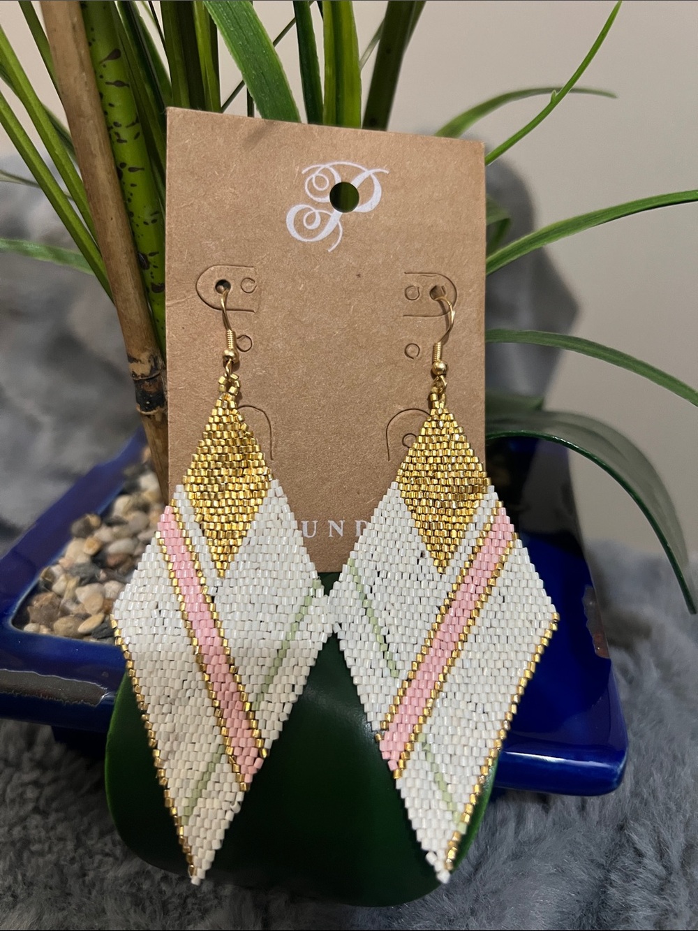 Plunder White, Pink & Gold Beaded Diamond Drop Earrings NWT